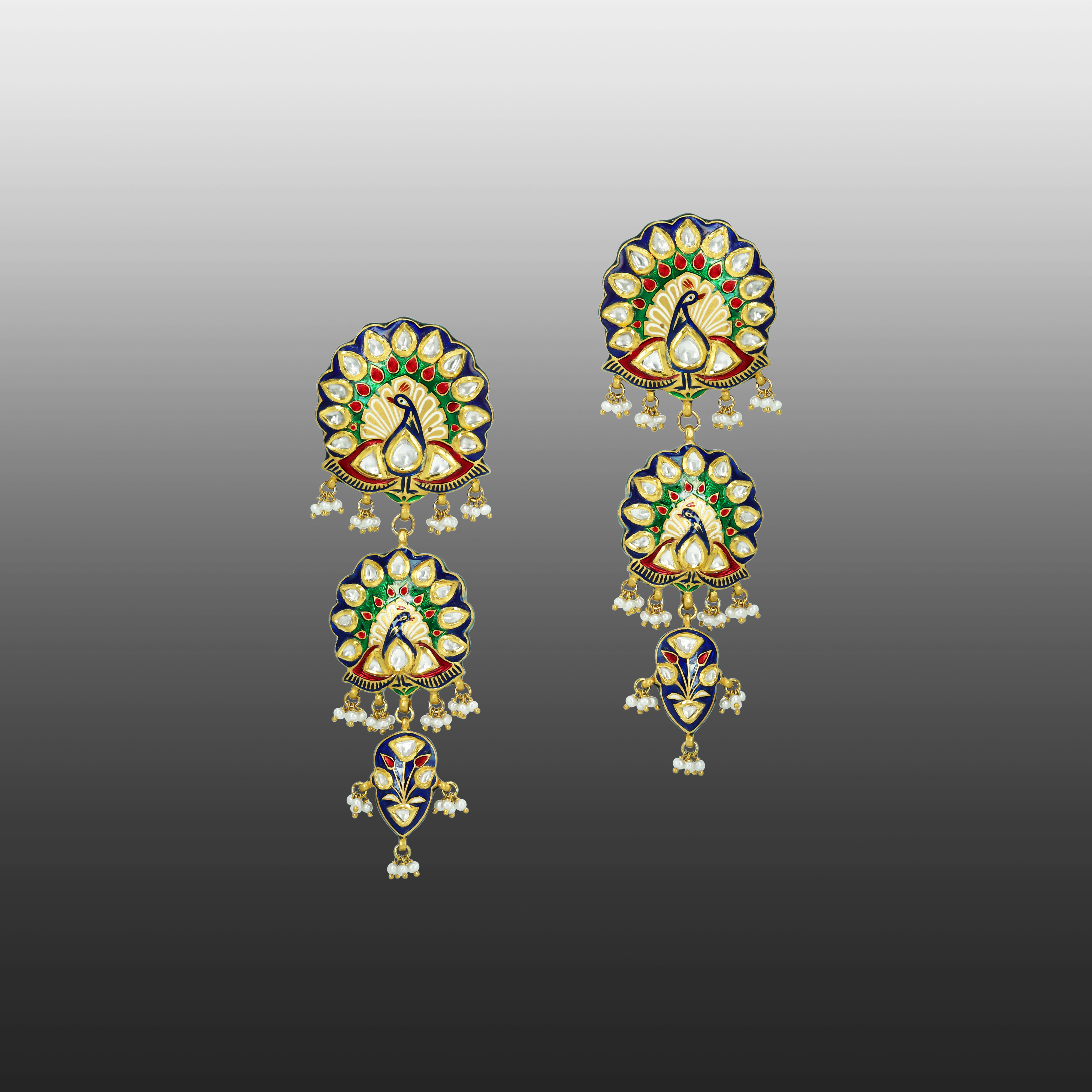 Peacock Motif Earrings with Polkis, Enamel, and Pearls
